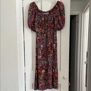 Vibrant Floral Midi Dress with Puff Sleeves